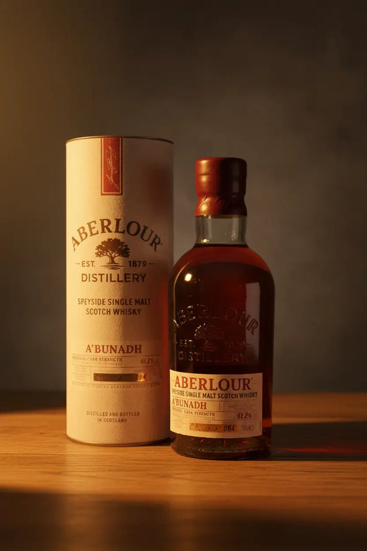 Aberlour A'bunadh Cask Strength Scotch Whisky 700mL bottle and canister.