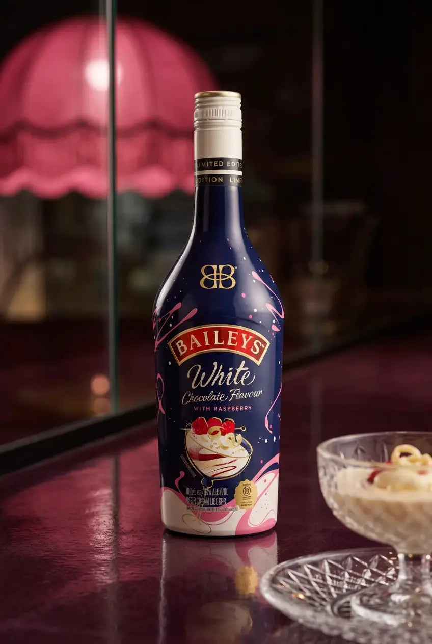 Baileys White Chocolate Raspberry Irish cream bottle beside a glass dessert bowl in a softly lit setting