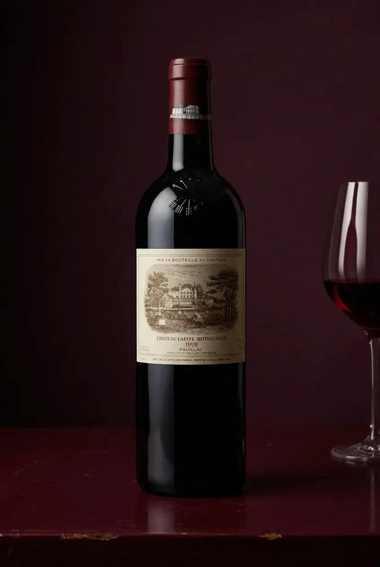ChΓ’teau Lafite Rothschild 1998 Pauillac bottle beside a wine glass against a burgundy background
