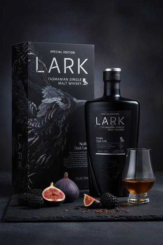 Lark Dark Lark No.166 Special Edition Single Malt Whisky bottle and box with figs and blackberries