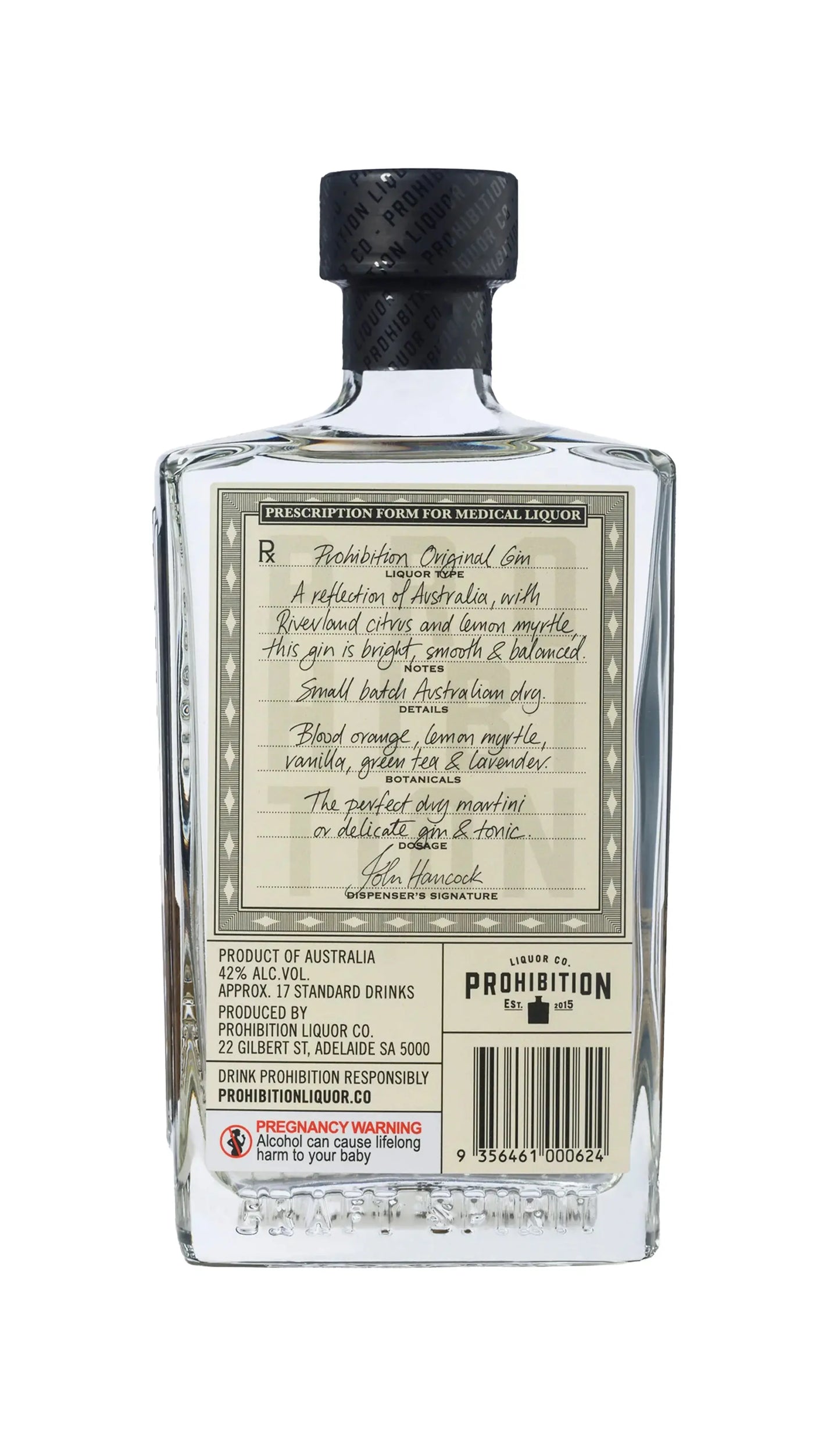Prohibition Liquor Co. Original Gin 500ml Bottle from Adelaide, South Australia