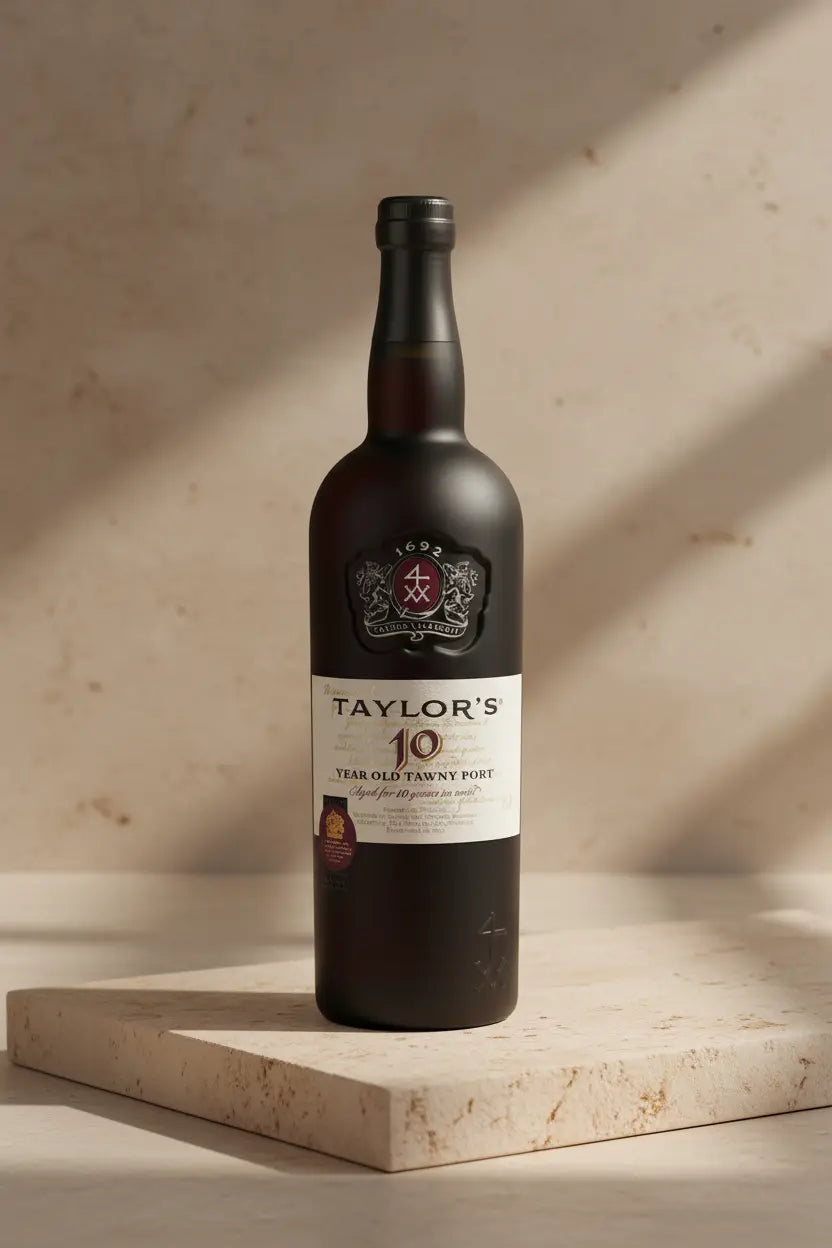 Taylor's 10 Year Old Tawny Port bottle on a light stone surface with soft shadows.