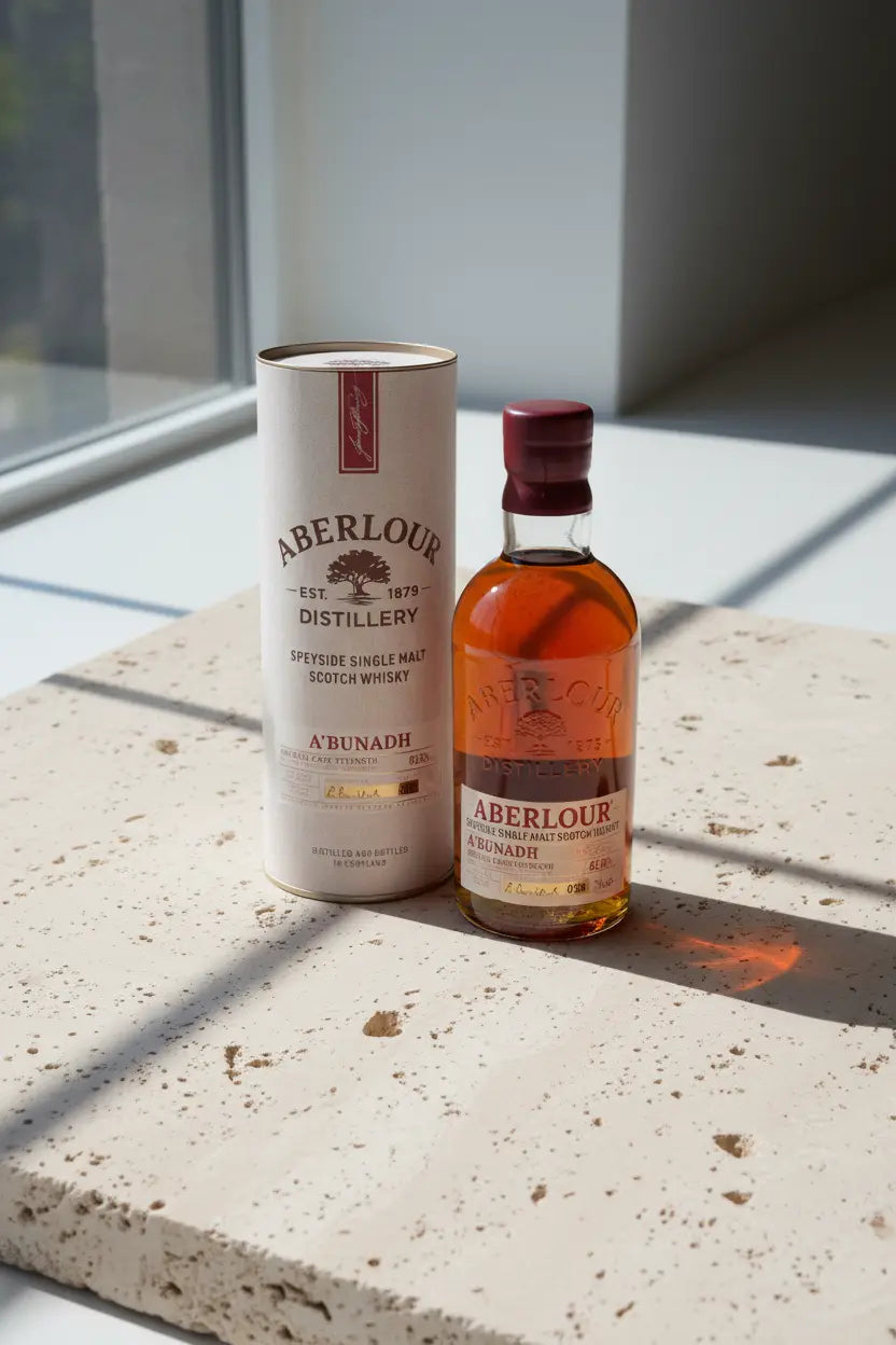 Aberlour A'bunadh Cask Strength Scotch Whisky 700mL bottle and canister.