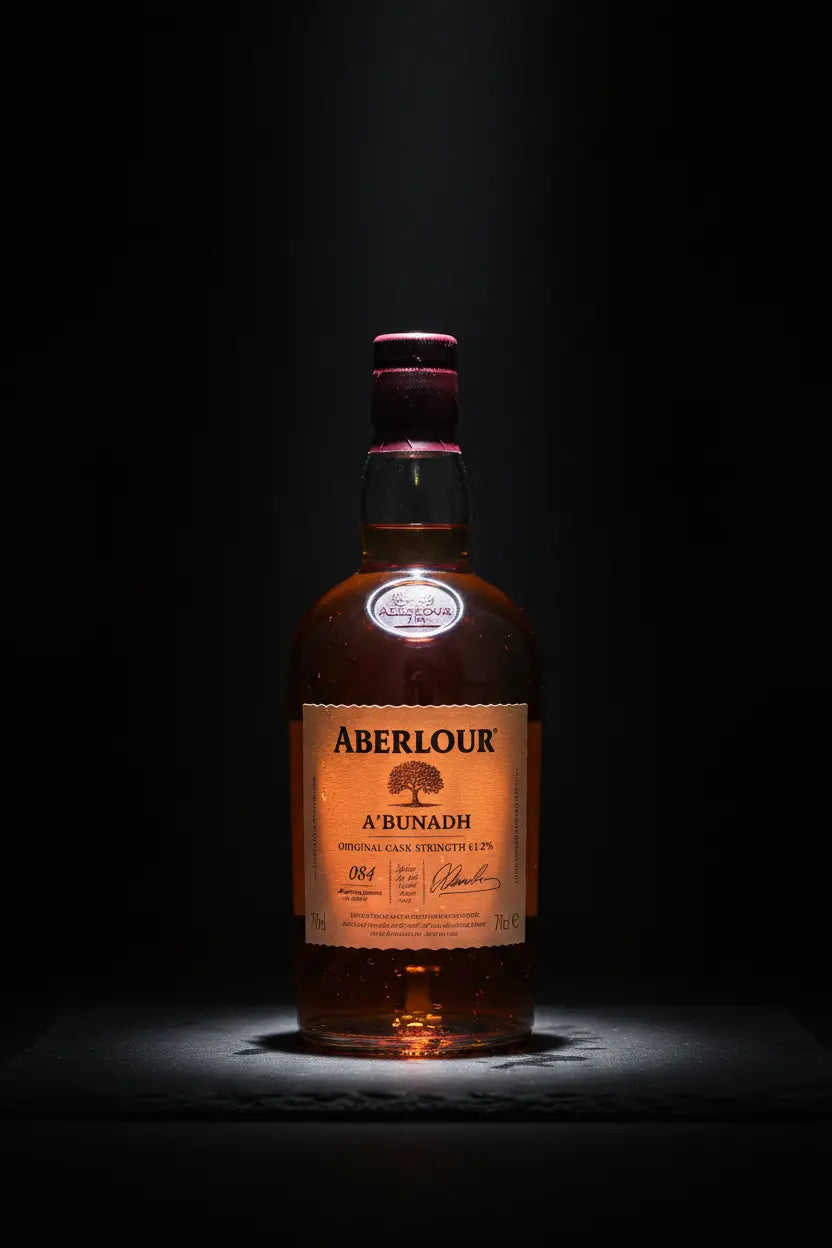 Aberlour A'bunadh Cask Strength Scotch Whisky 700mL bottle and canister.