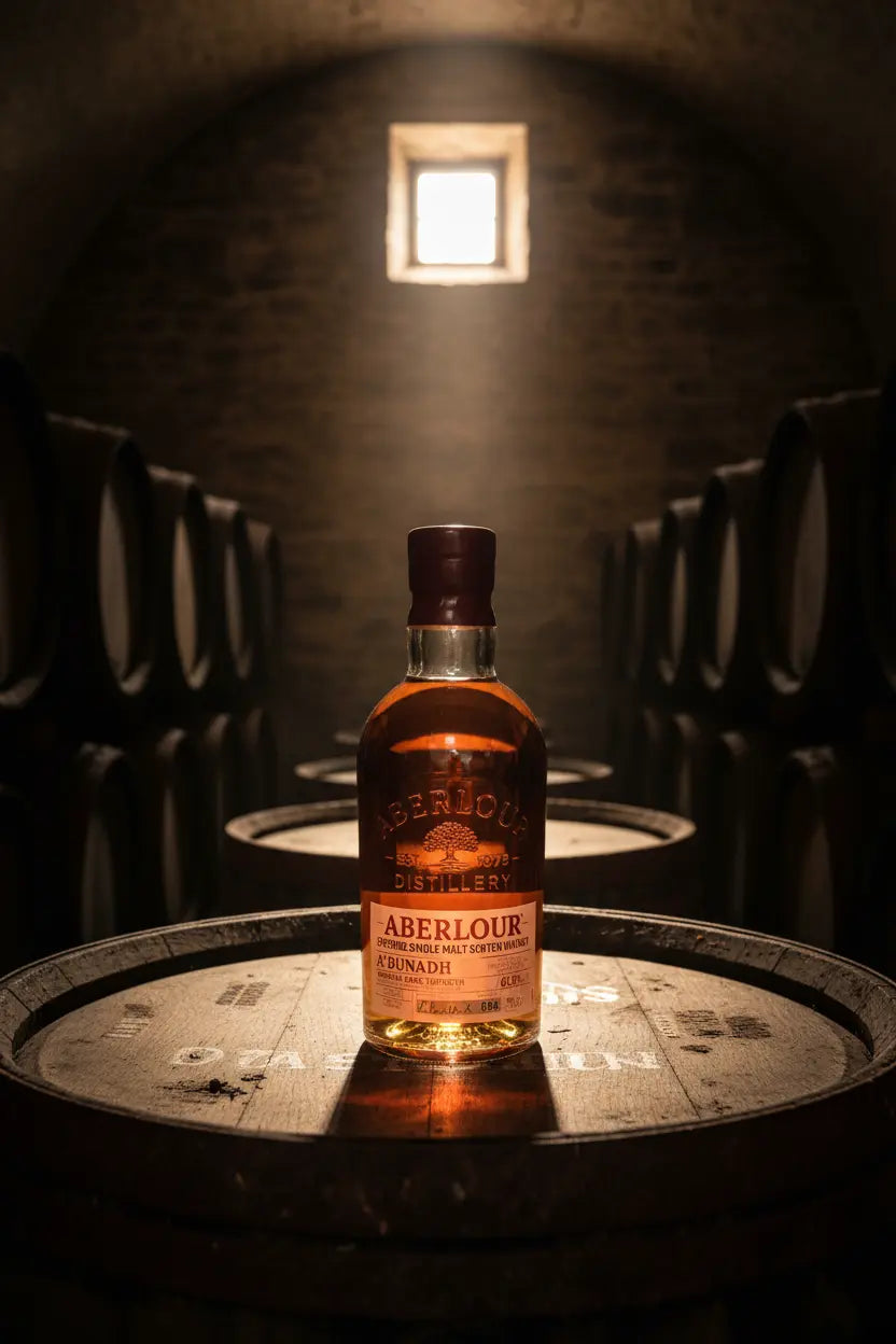 Aberlour A'bunadh Cask Strength Scotch Whisky 700mL bottle and canister.