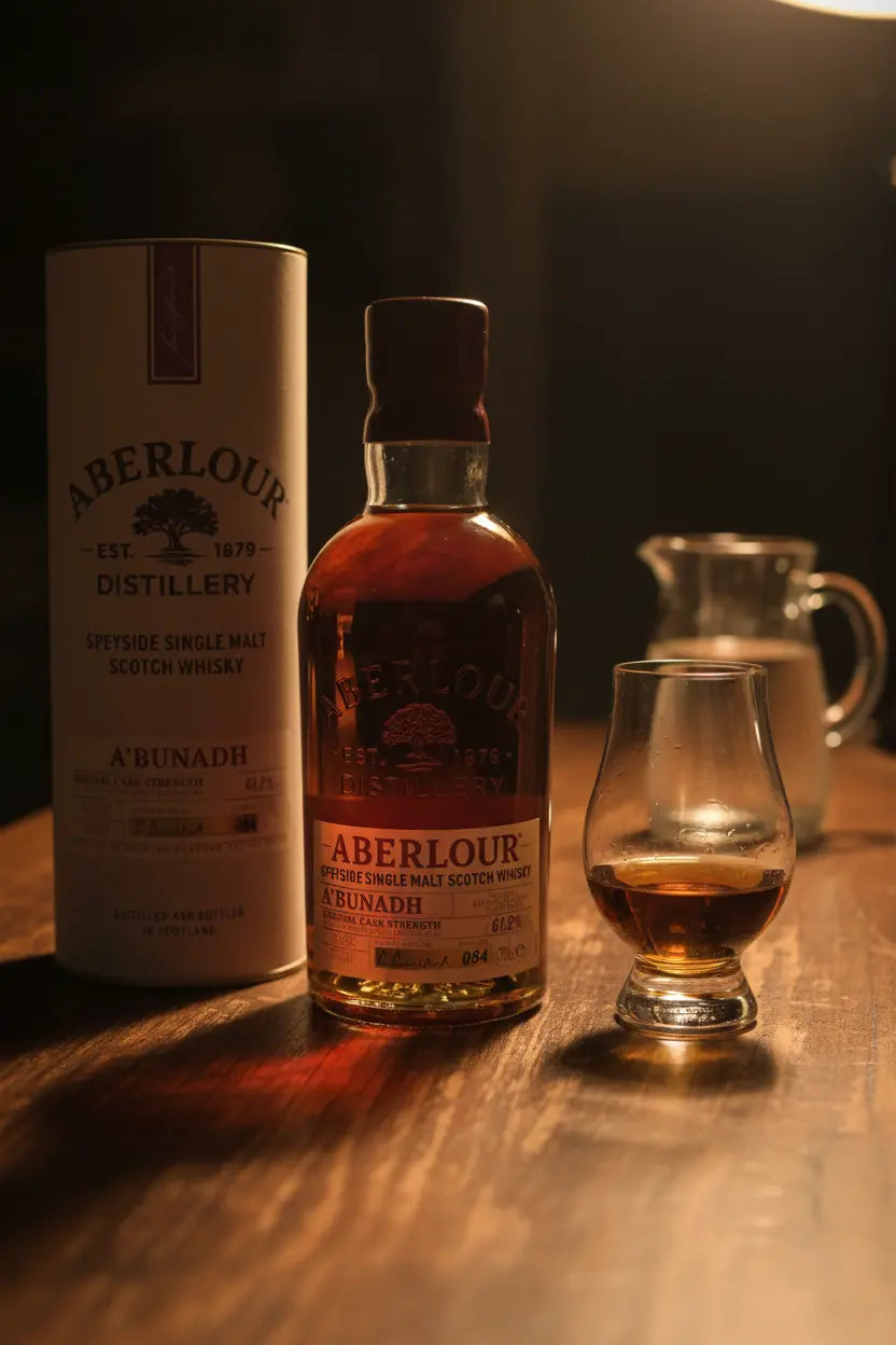 Aberlour A'bunadh Cask Strength Scotch Whisky 700mL bottle and canister.
