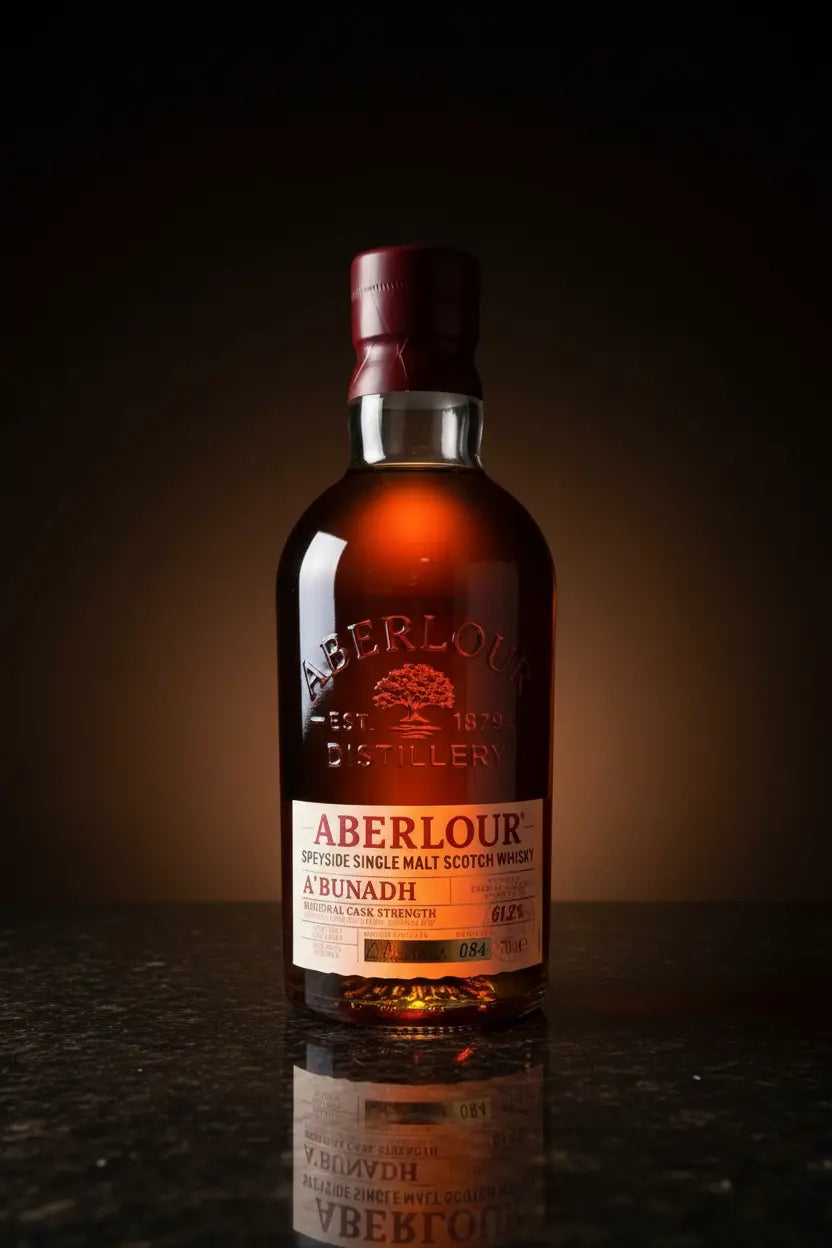 Aberlour A'bunadh Cask Strength Scotch Whisky 700mL bottle and canister.
