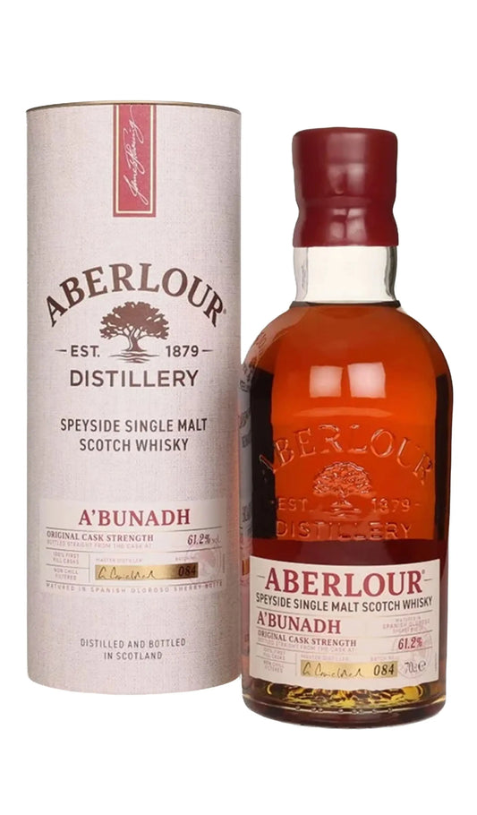 Aberlour A'bunadh Cask Strength Scotch Whisky 700mL bottle and canister.