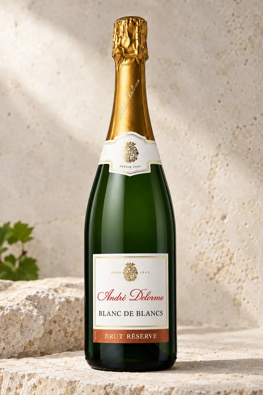 Andre Delorme Brut Reserve Blanc De Blancs NV 750mL bottle of sprakling wine from France.