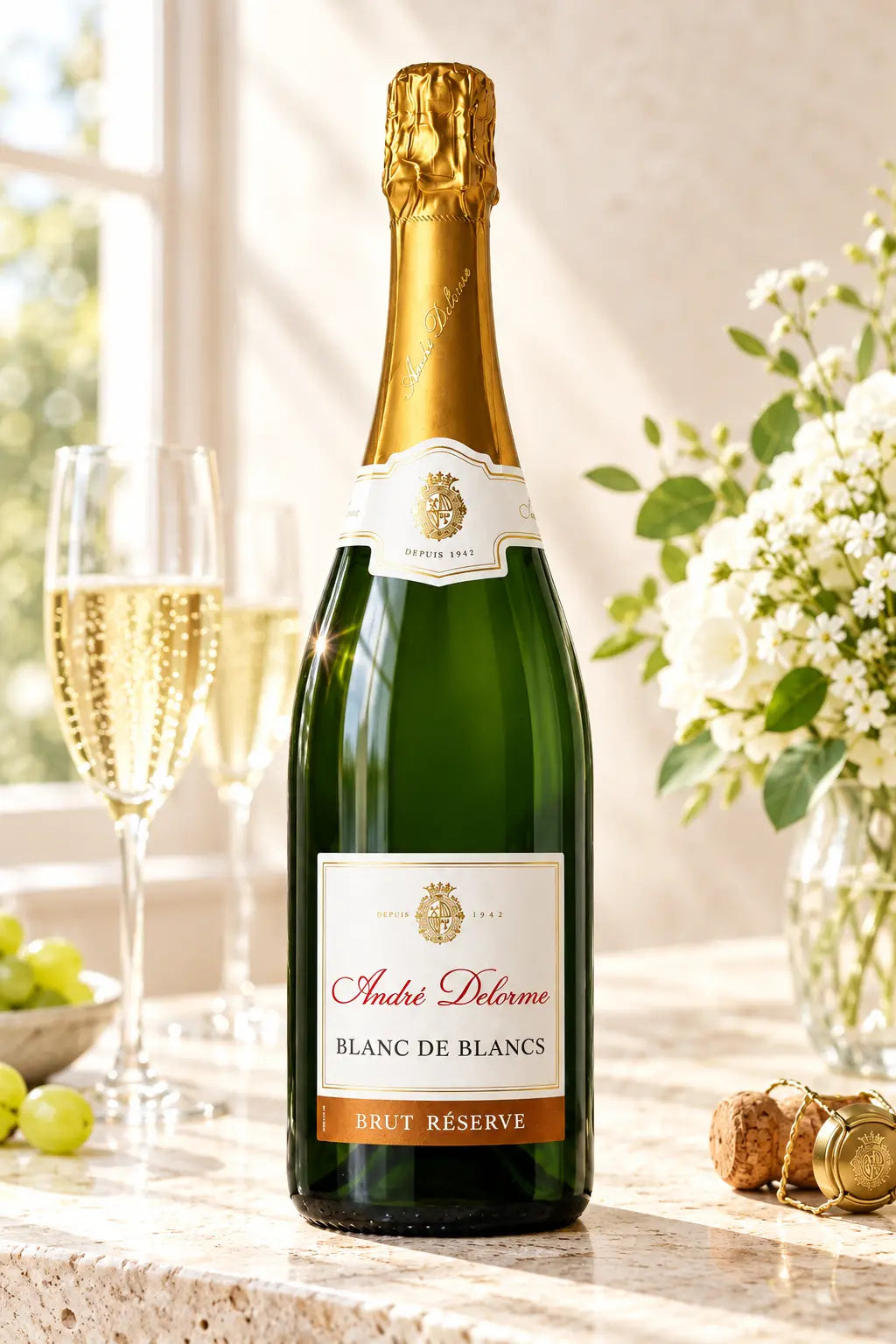Andre Delorme Brut Reserve Blanc De Blancs NV 750mL bottle of sprakling wine from France.