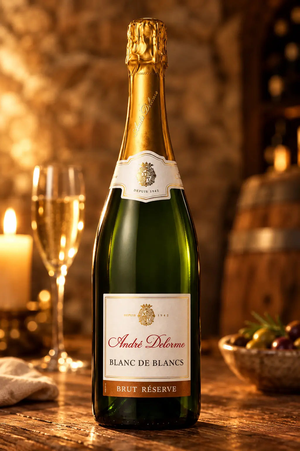 Andre Delorme Brut Reserve Blanc De Blancs NV 750mL bottle of sprakling wine from France.