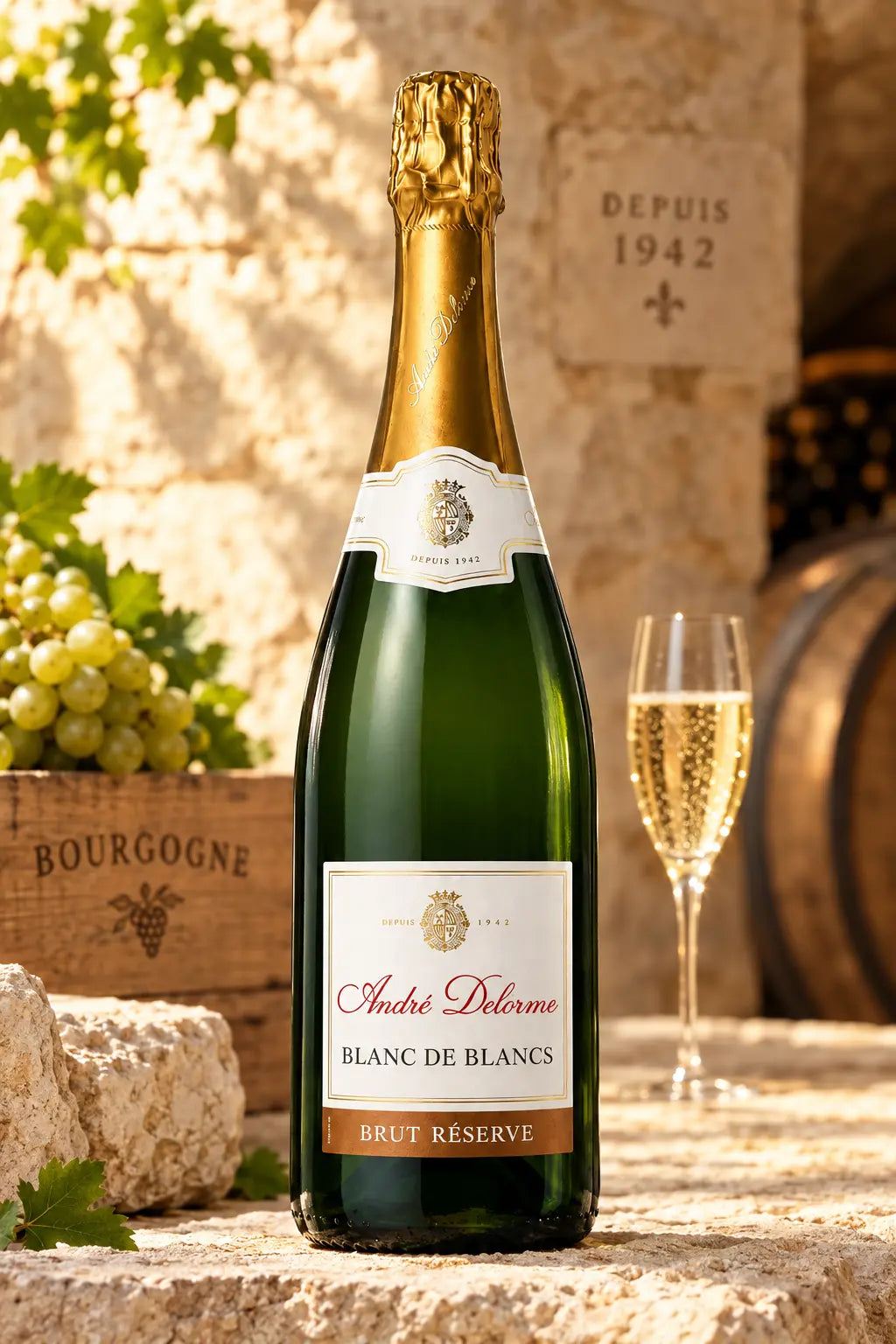 Andre Delorme Brut Reserve Blanc De Blancs NV 750mL bottle of sprakling wine from France.