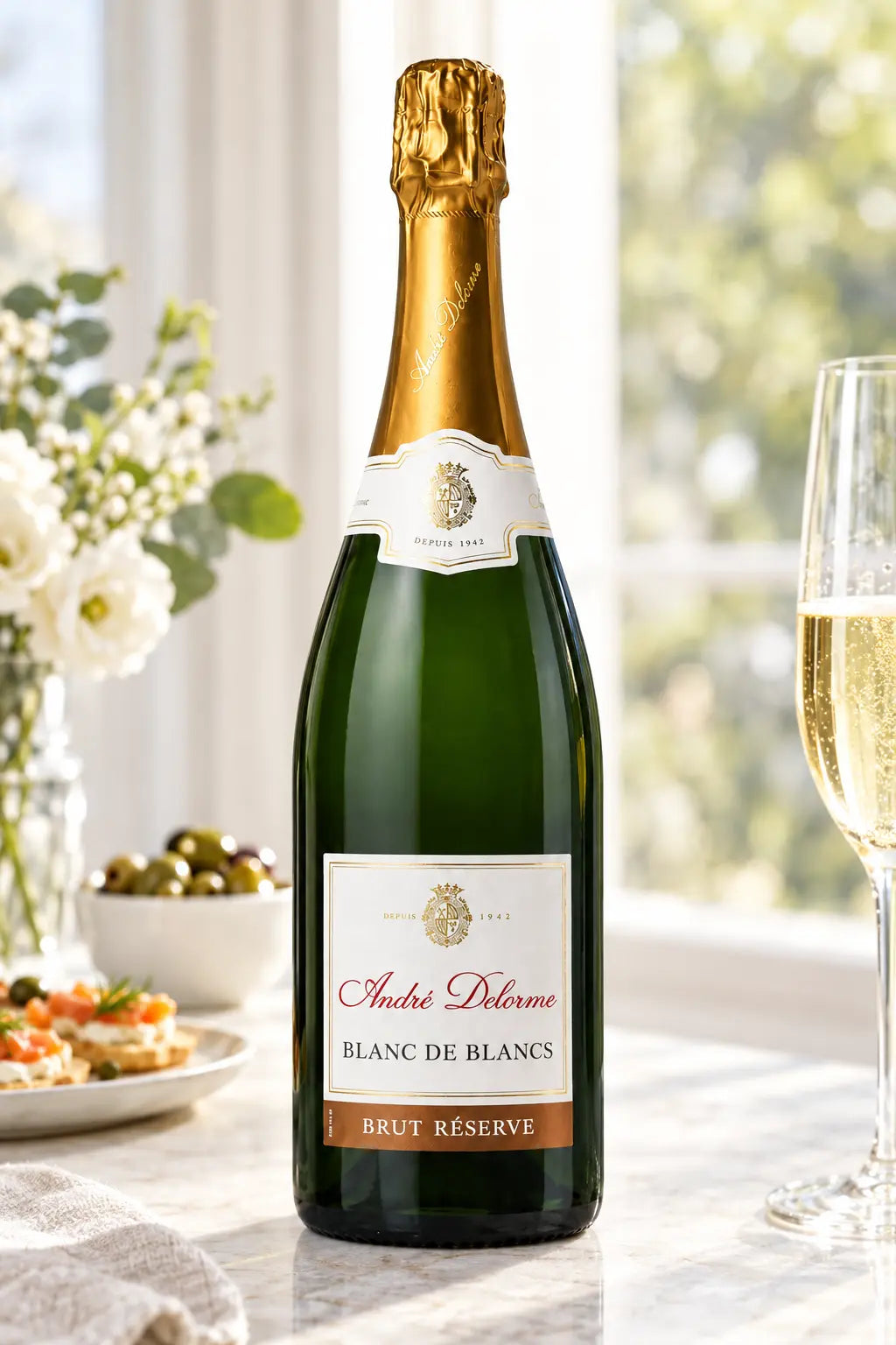 Andre Delorme Brut Reserve Blanc De Blancs NV 750mL bottle of sprakling wine from France.