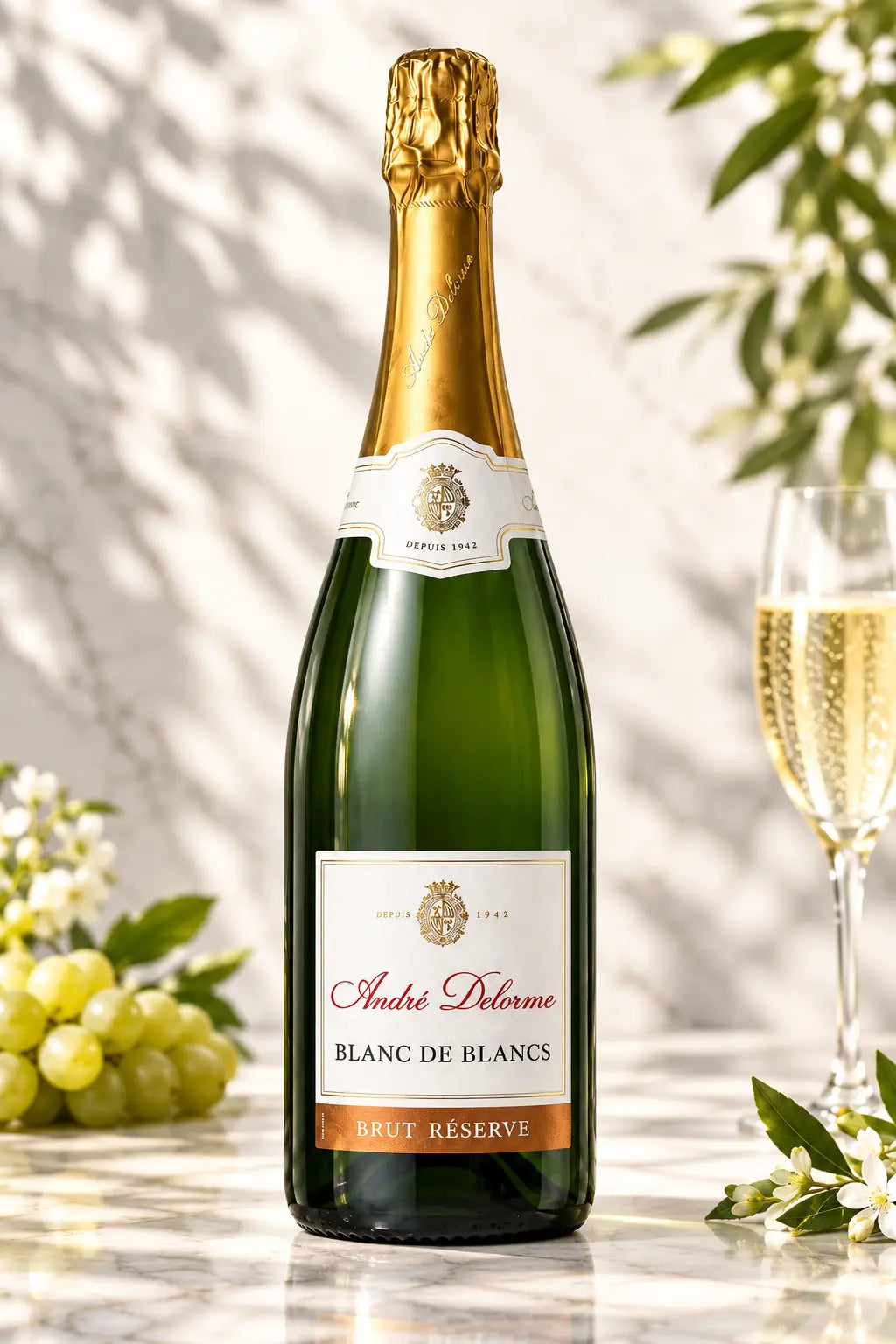 Andre Delorme Brut Reserve Blanc De Blancs NV 750mL bottle of sprakling wine from France.