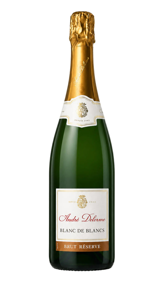Andre Delorme Brut Reserve Blanc De Blancs NV 750mL bottle of sprakling wine from France.