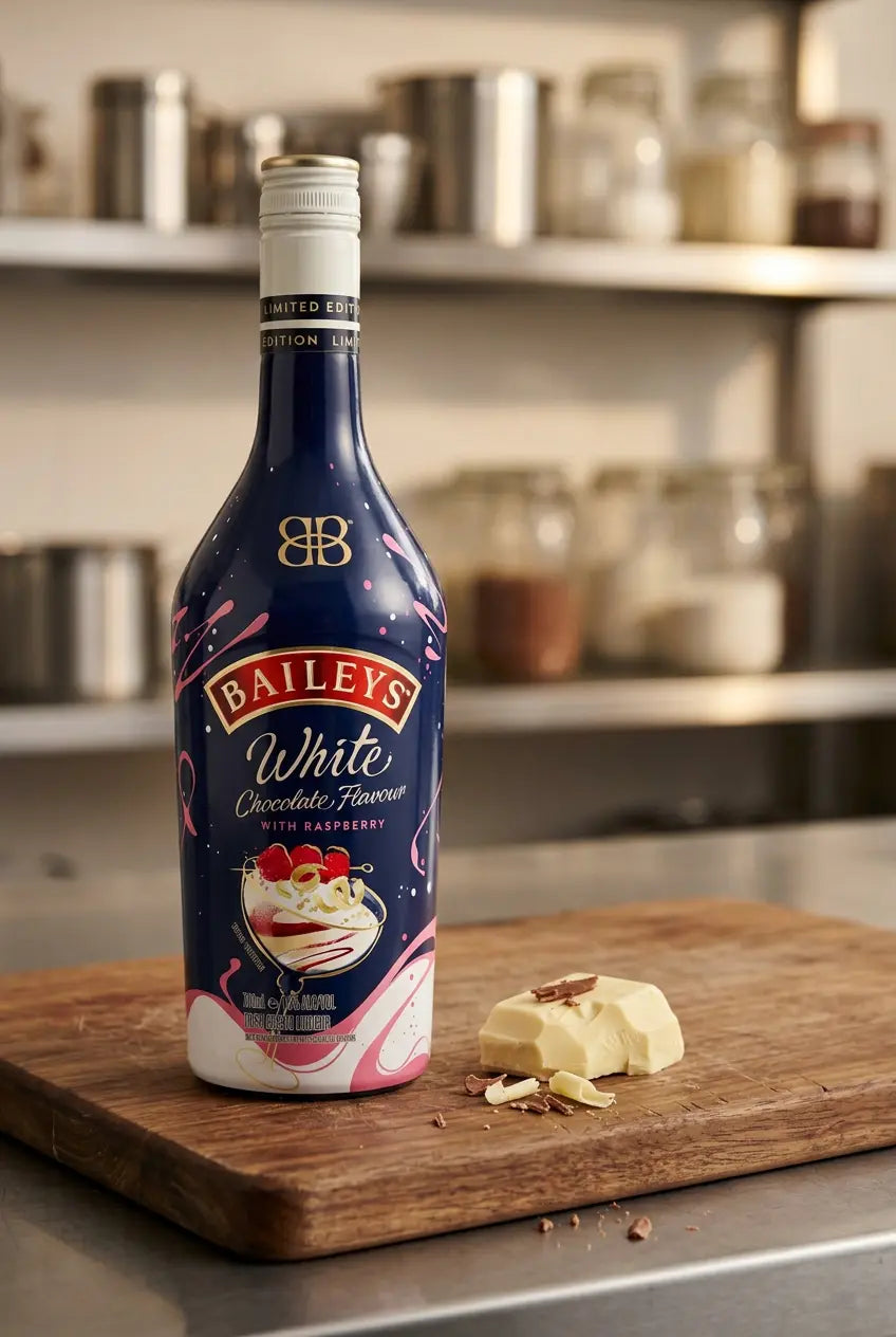 Baileys White Chocolate Raspberry 700ml bottle on a wooden serving board with white chocolate pieces