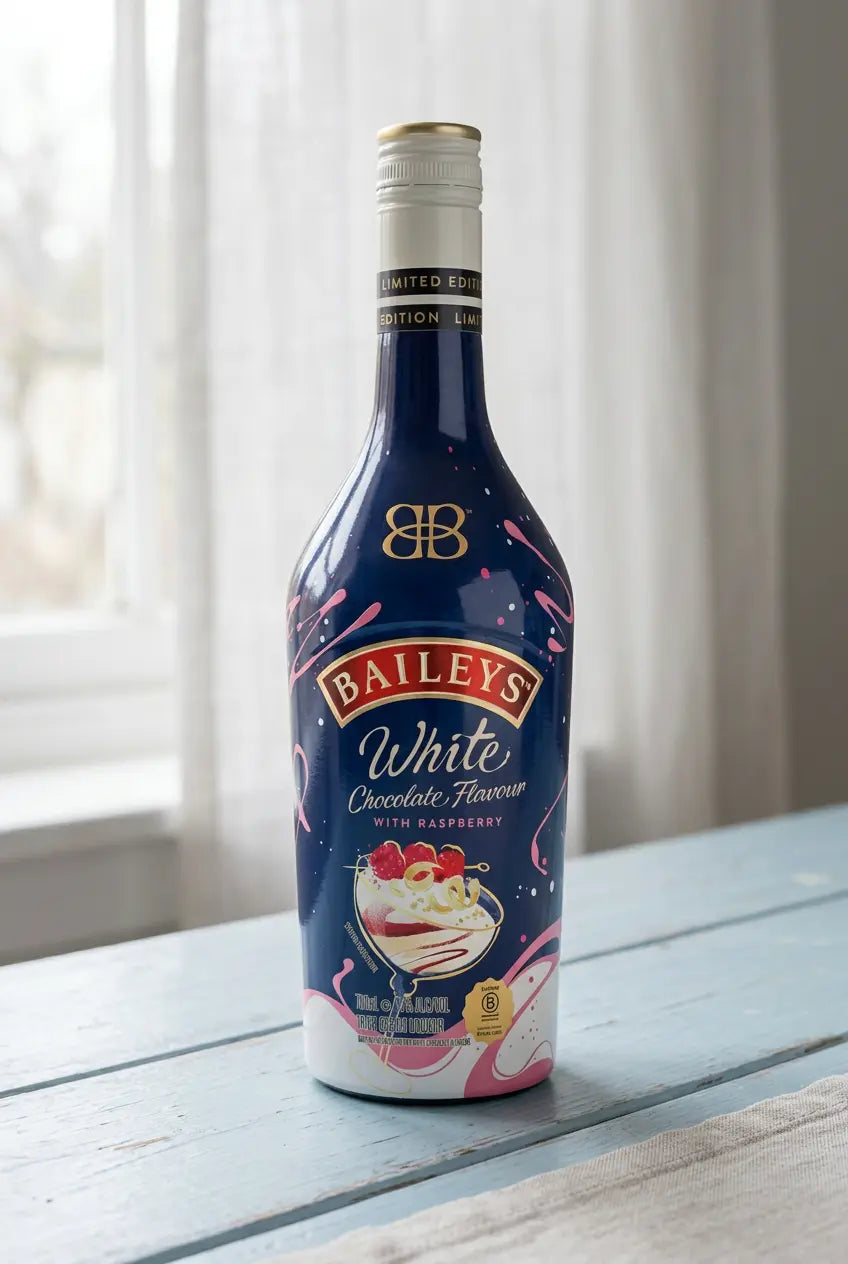 Baileys White Chocolate Raspberry Irish cream liqueur bottle on a blue wooden table beside a window
