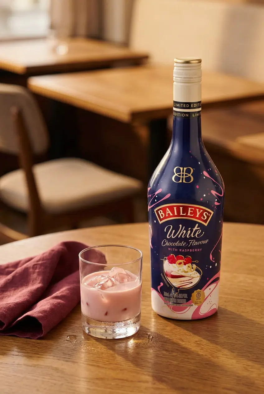 Baileys White Chocolate Raspberry bottle beside a pink cream cocktail served over ice