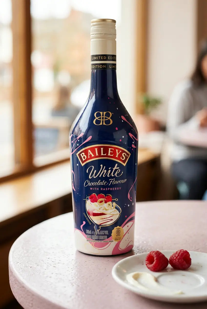 Baileys White Chocolate Raspberry bottle on a round table beside fresh raspberries and white chocolate