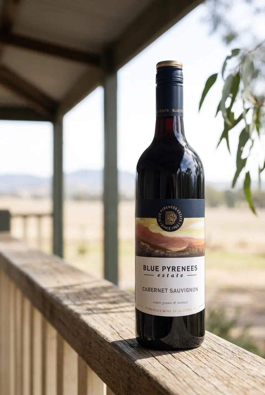 Blue Pyrenees Estate Cabernet Sauvignon 2025 red wine bottle from the Pyrenees Victoria, Australia.