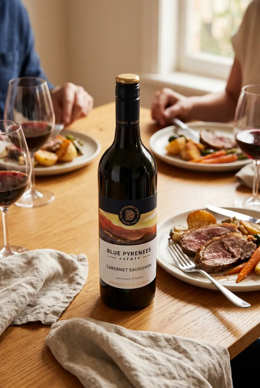 Blue Pyrenees Estate Cabernet Sauvignon 2025 red wine bottle from the Pyrenees Victoria, Australia.