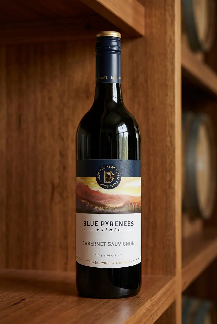 Blue Pyrenees Estate Cabernet Sauvignon 2025 red wine bottle from the Pyrenees Victoria, Australia.
