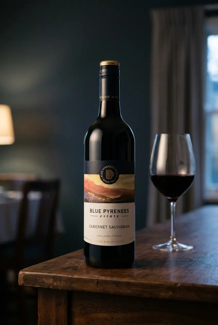 Blue Pyrenees Estate Cabernet Sauvignon 2025 red wine bottle from the Pyrenees Victoria, Australia.