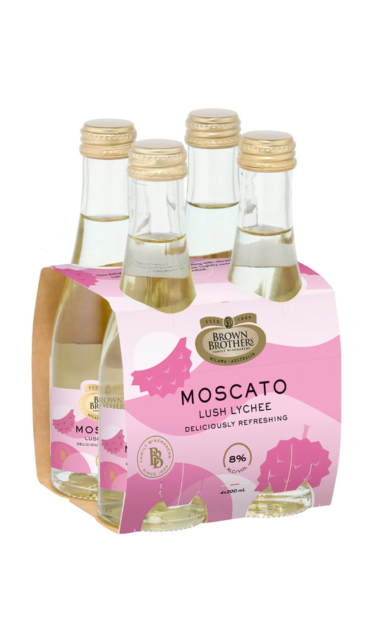 Brown Brothers Moscato Lush Lychee NV 200mL Piccolo 4-Pack bottles.