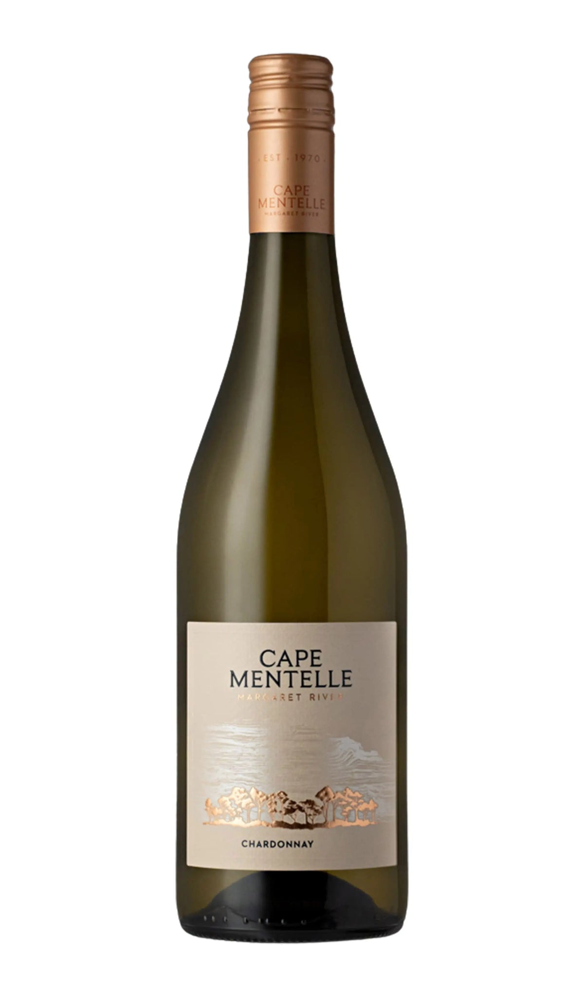 Cape Mentelle Chardonnay 2023 750ml bottle, Margaret River, with rose-gold capsule and coastal landscape label`