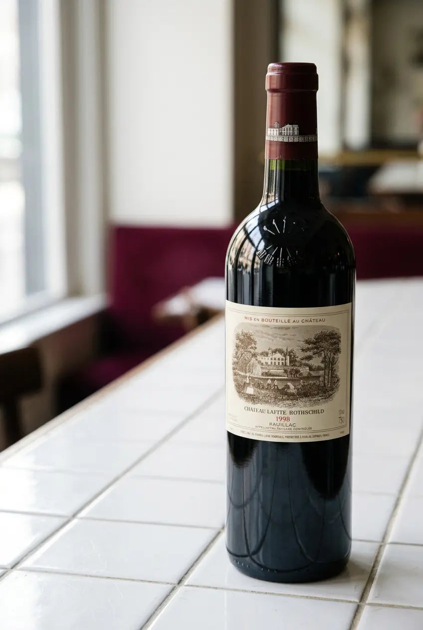 Château Lafite Rothschild 1998 Pauillac bottle on a white tiled surface beside a window