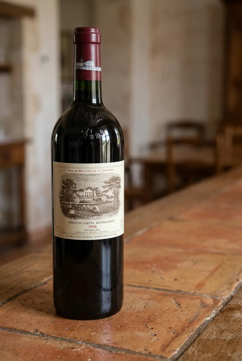 Château Lafite Rothschild 1998 Pauillac bottle on a rustic terracotta-tiled surface