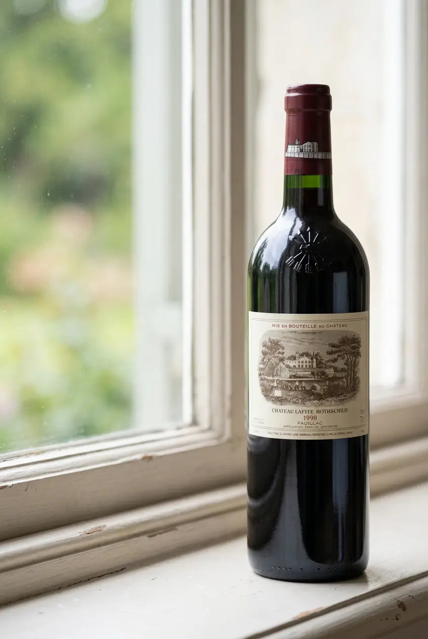 Château Lafite Rothschild 1998 Pauillac bottle beside a window overlooking greenery