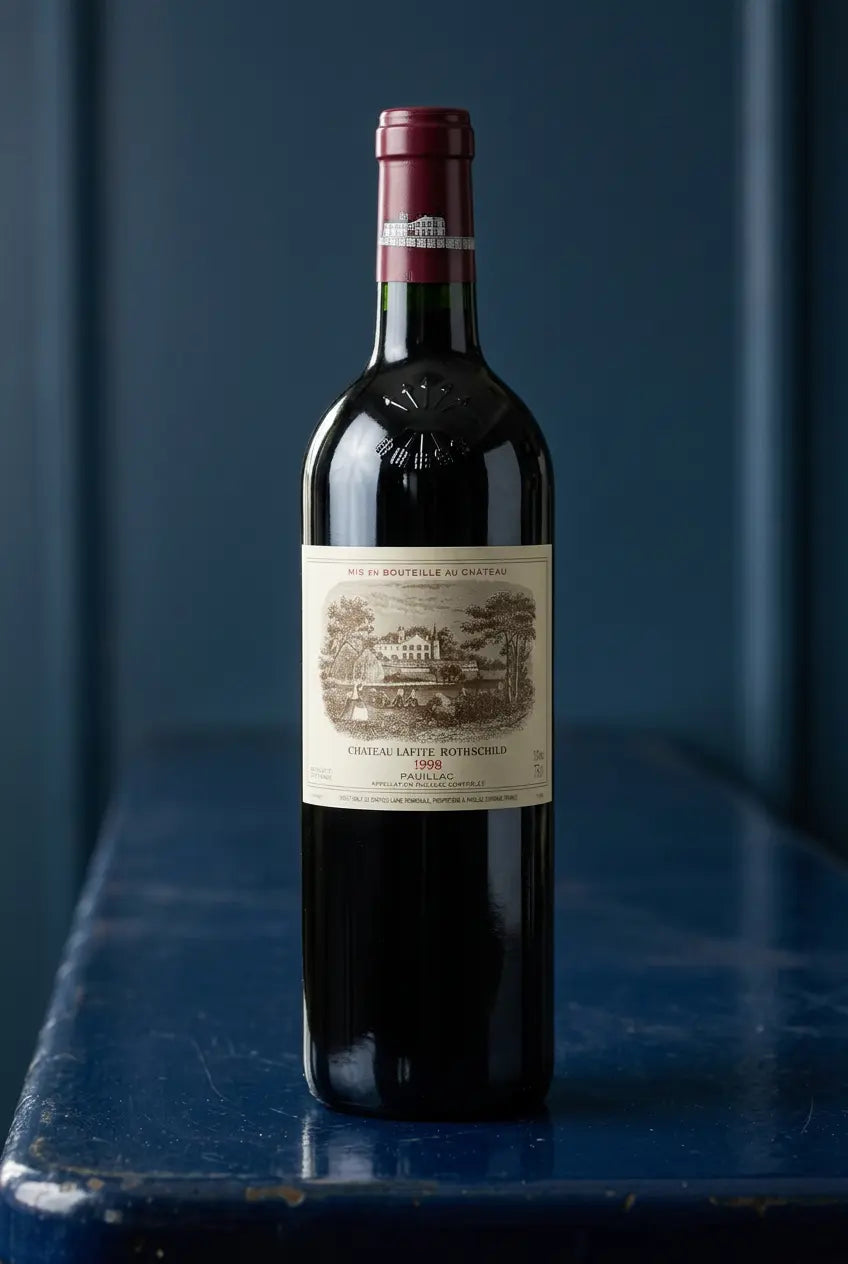 Château Lafite Rothschild 1998 Pauillac bottle against a dark blue background
