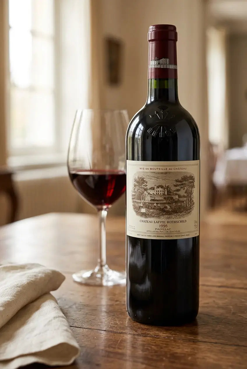 Château Lafite Rothschild 1998 Pauillac bottle beside a glass of red wine on a dining table