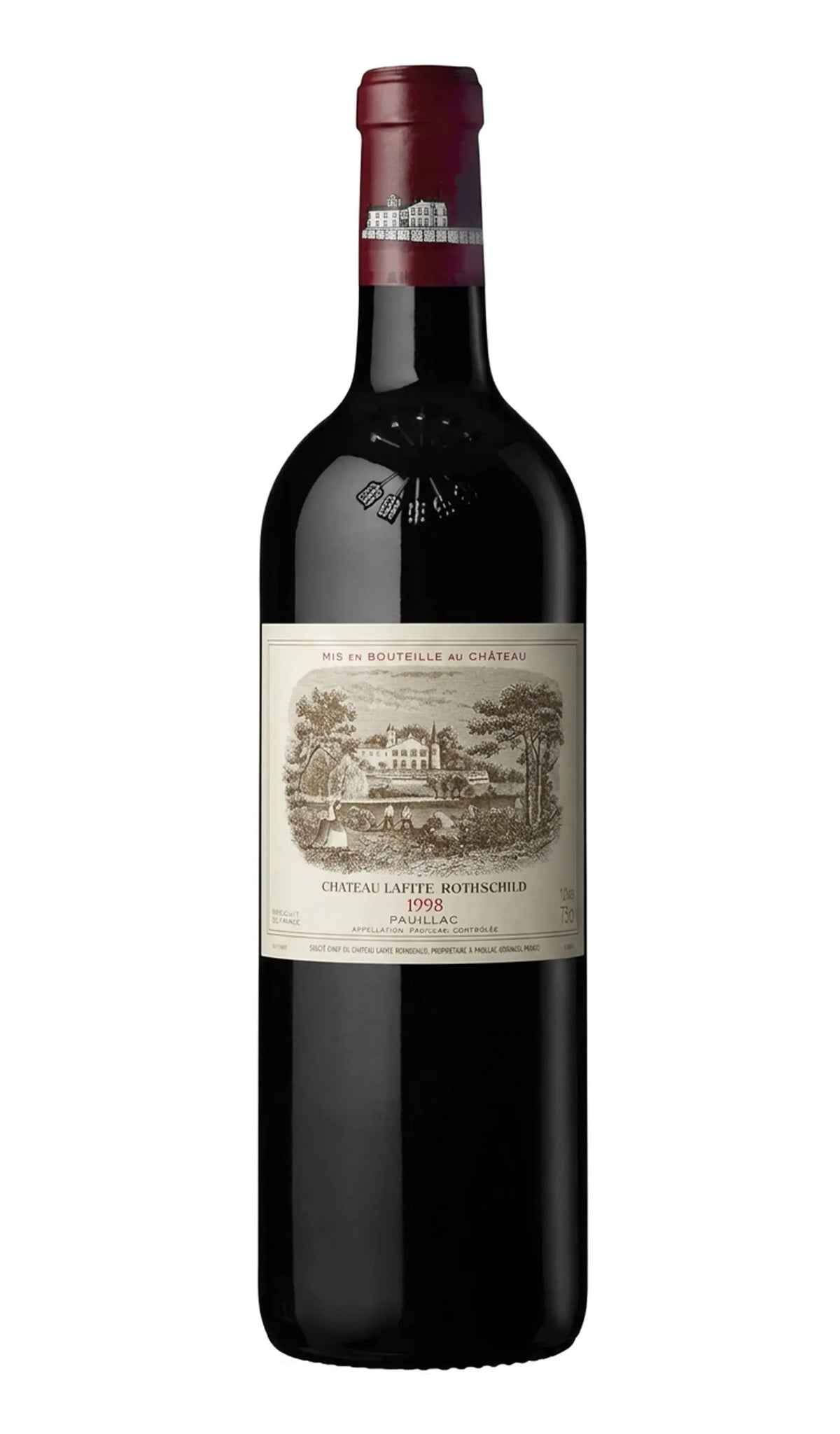 Château Lafite Rothschild Pauillac Bordeaux 1998 red wine bottle on white background