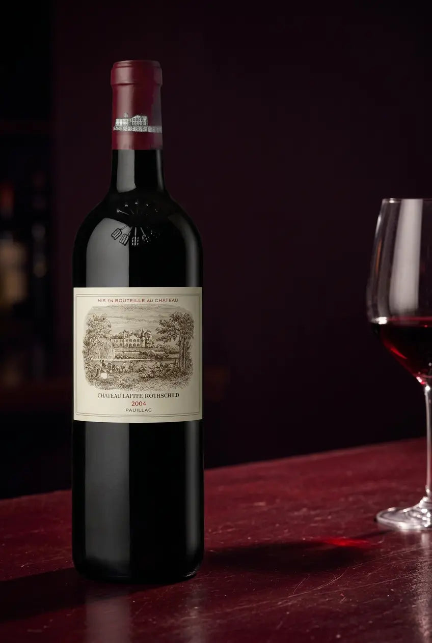 Château Lafite Rothschild 2004 wine bottle against a dark burgundy background