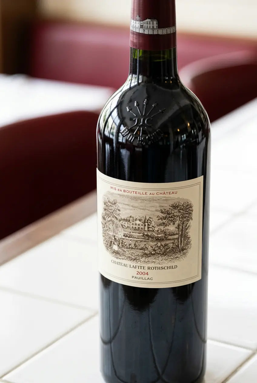 Close-up of Château Lafite Rothschild 2004 wine bottle