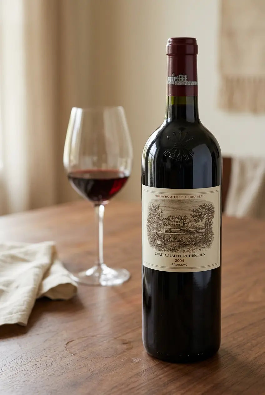 Château Lafite Rothschild 2004 wine bottle with a glass of red wine on a dining table