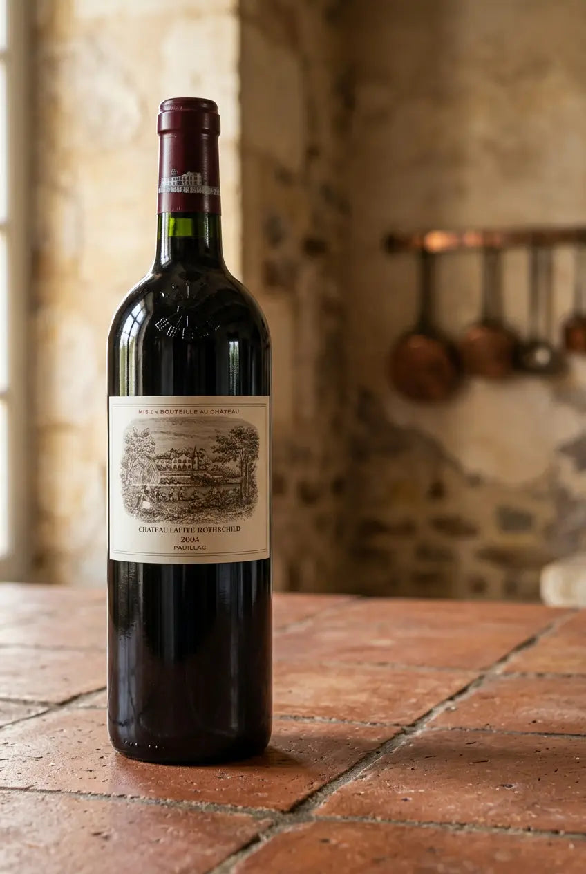 Château Lafite Rothschild 2004 wine bottle on a rustic terracotta-tiled surface
