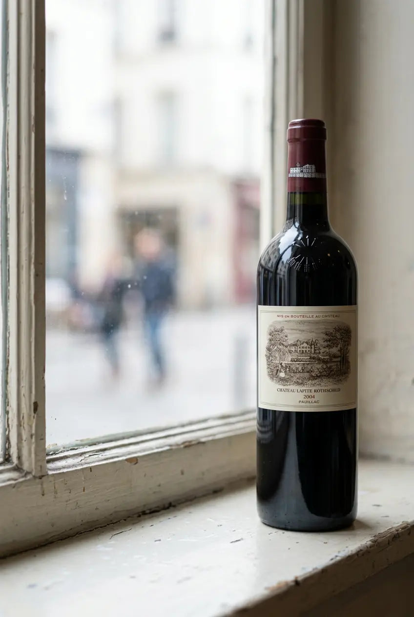 Château Lafite Rothschild 2004 wine bottle displayed beside a city-facing window