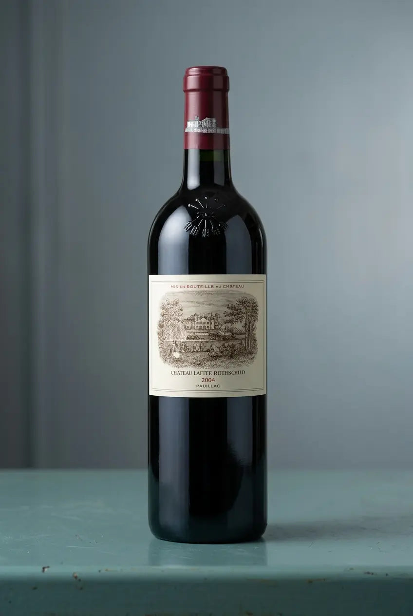 Château Lafite Rothschild 2004 wine bottle photographed against a muted grey-blue background