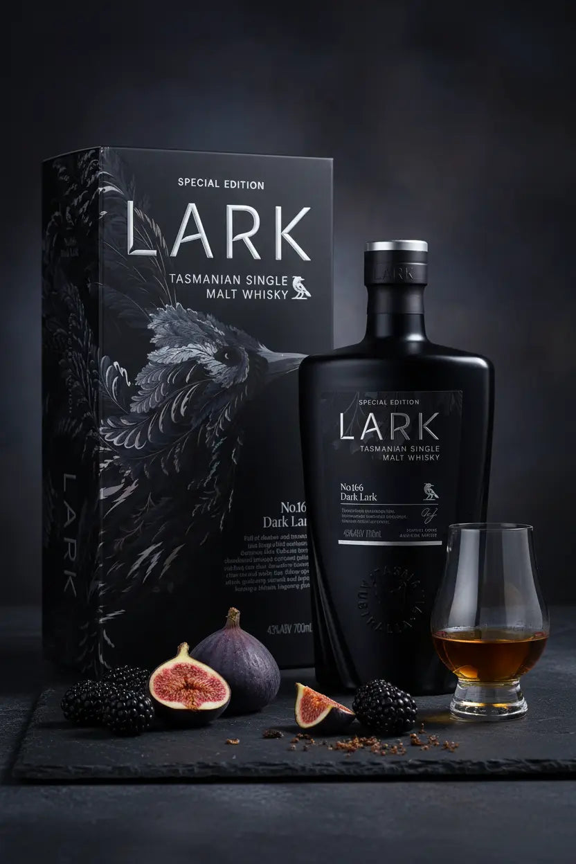 Lark Dark Lark No.166 Special Edition Single Malt Whisky bottle and box with figs and blackberries