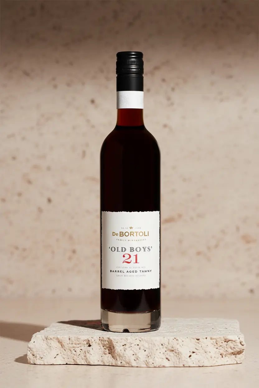 Bottle of De Bortoli Old Boys 21 wine on a stone surface with a neutral background