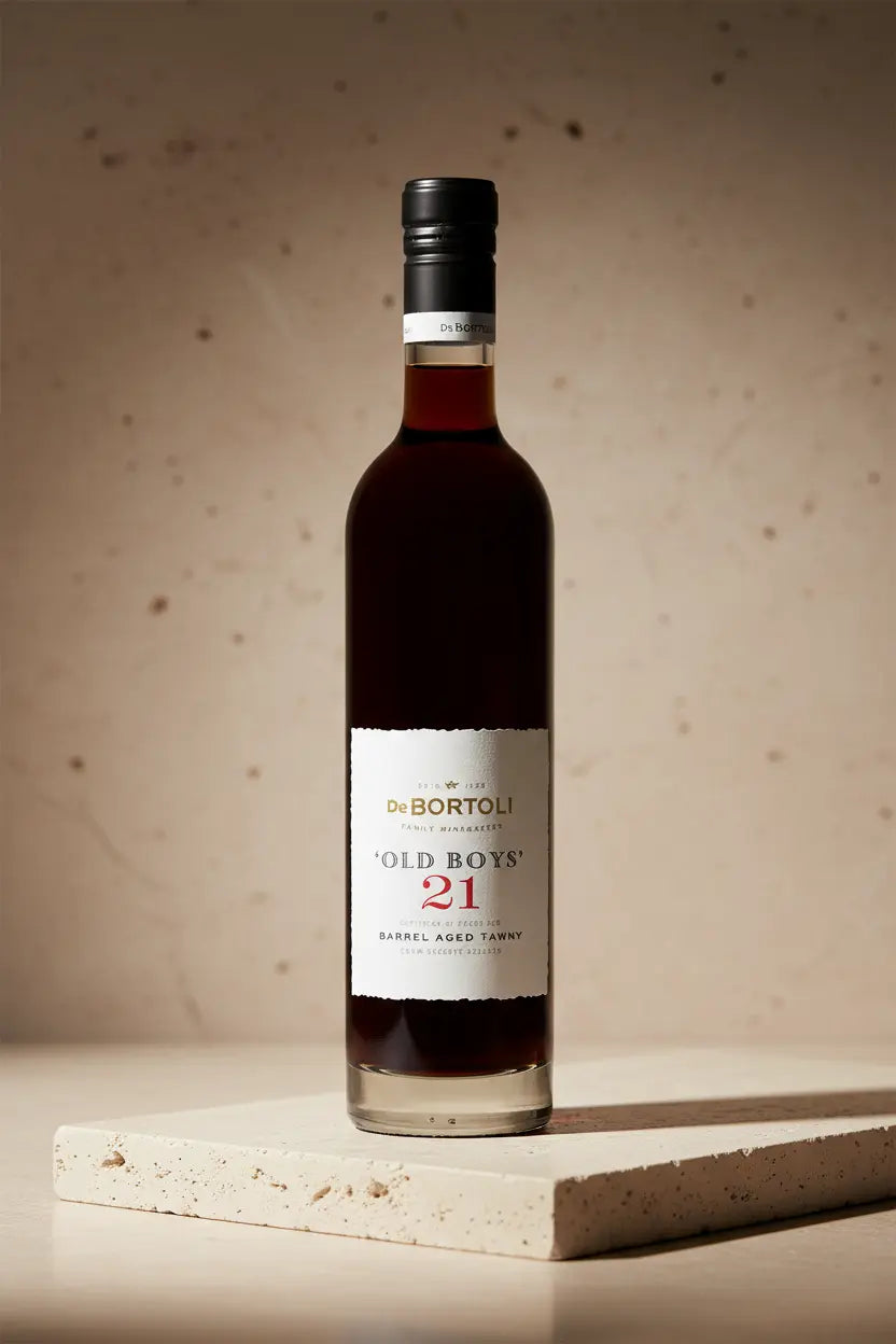 Bottle of De Bortoli Old Boys 21 year old wine on a neutral background