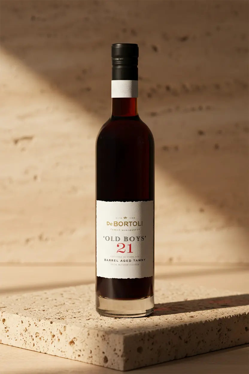 Bottle of De Bortoli Old Boys 21 wine on a textured surface with a neutral background