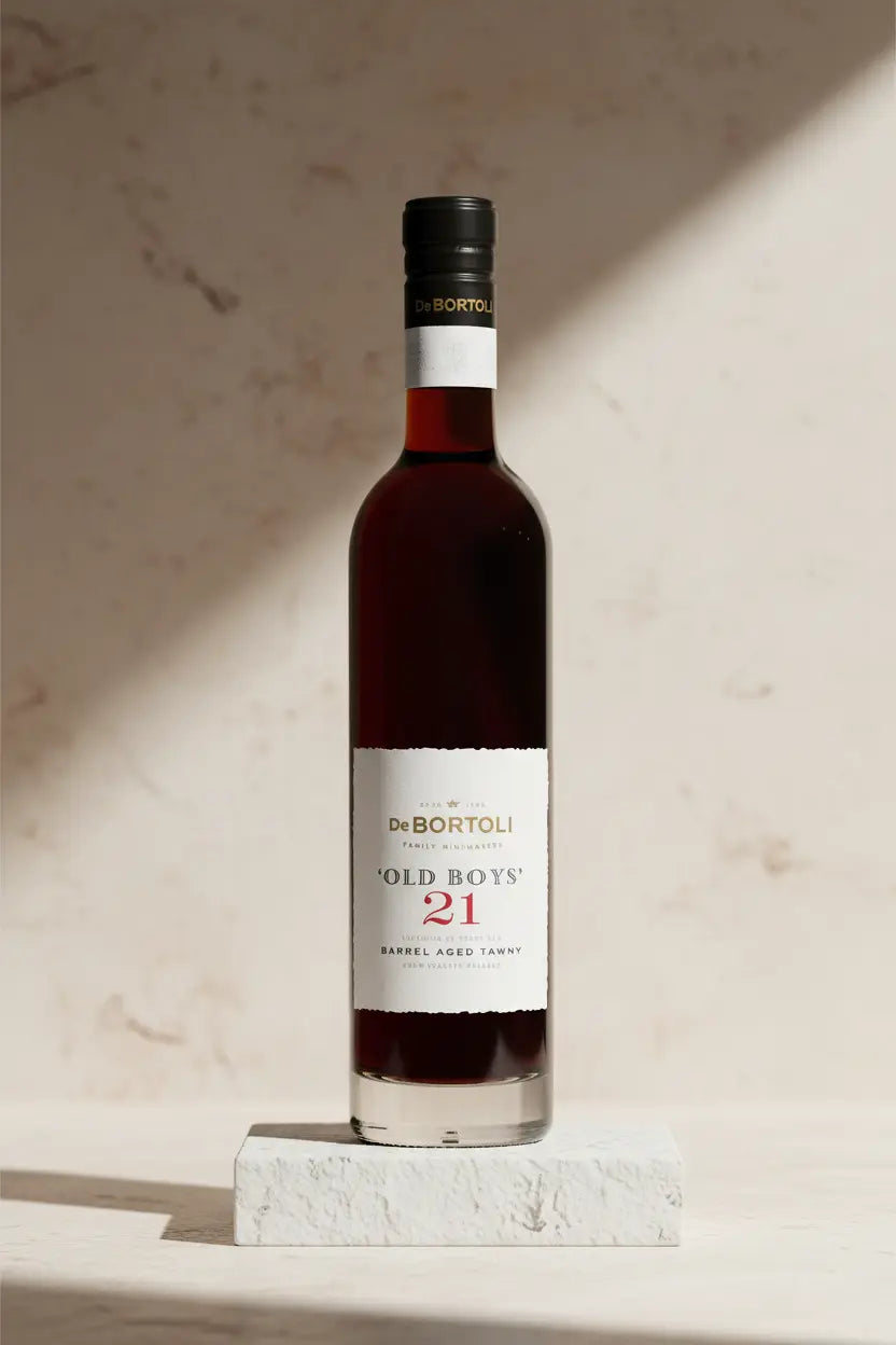 Bottle of De Bortoli Old Boys 21 wine on a light stone surface with a neutral background