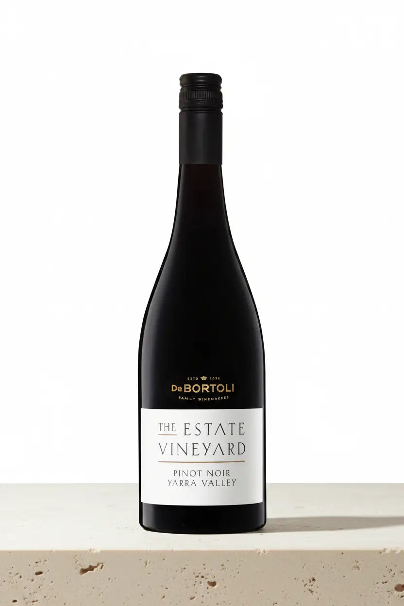 De Bortoli The Estate Vineyard Pinot Noir 2025 bottle on cream limestone surface, Yarra Valley