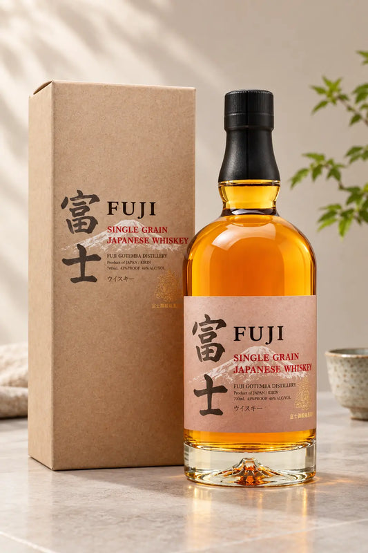 Kirin Fuji Single Grain Japanese Whiskey 700mL and brown gift box.