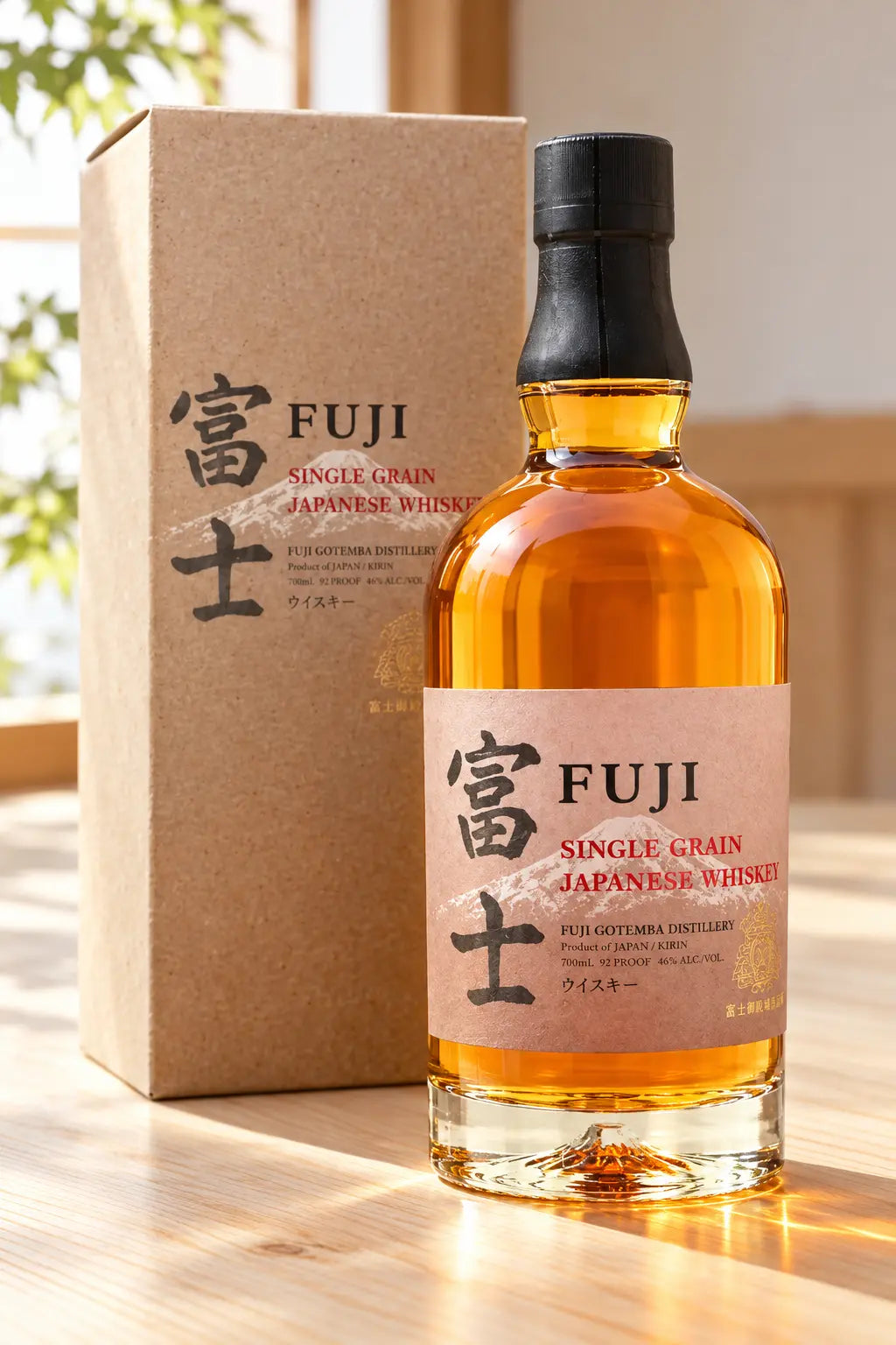 Kirin Fuji Single Grain Japanese Whiskey 700mL and brown gift box.