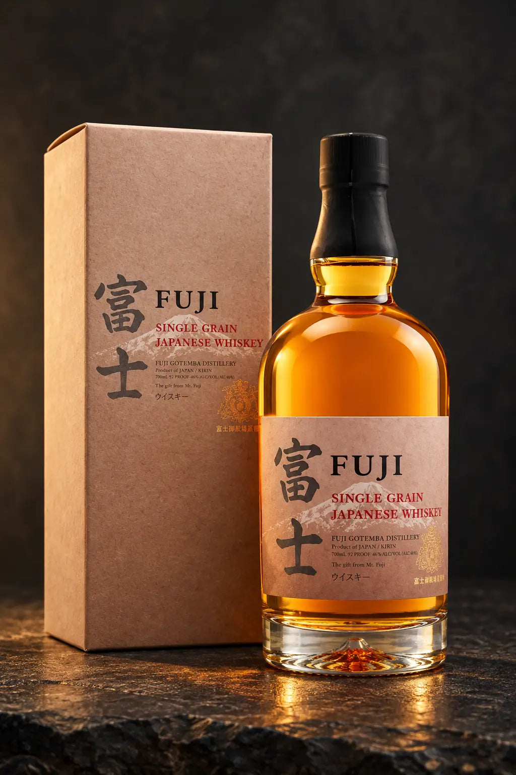 Kirin Fuji Single Grain Japanese Whiskey 700mL and brown gift box.